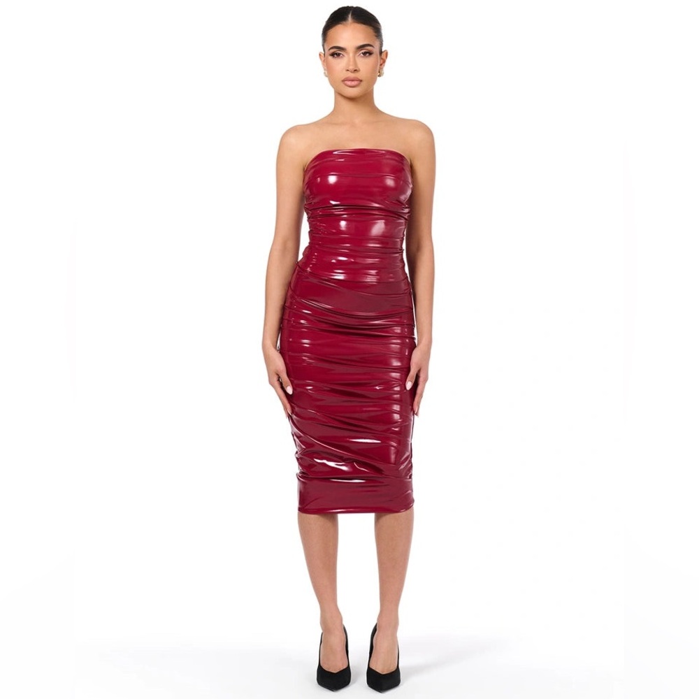 Naked Wardrobe Pleated Vinyl Midi Skirt